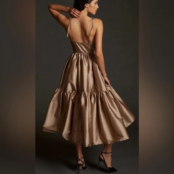Bloni x Anthropologie Champagne Bronze Tiered V Neck Maxi Dress Size Small - Picture 2 of 9